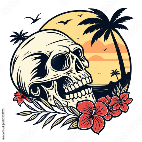 Pirate skull with palm tree on tropical beach illustration
