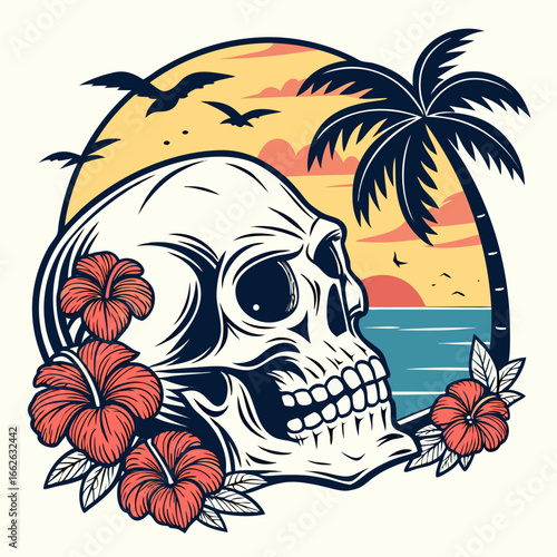 Pirate skull with palm tree on tropical beach illustration