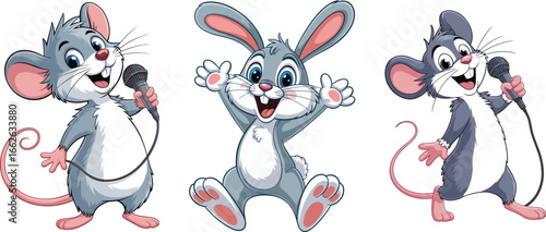 Cute cartoon mice singing with microphone, happy bunny jumping, adorable animals characters, vector illustration, fun entertainment, kids cartoon style