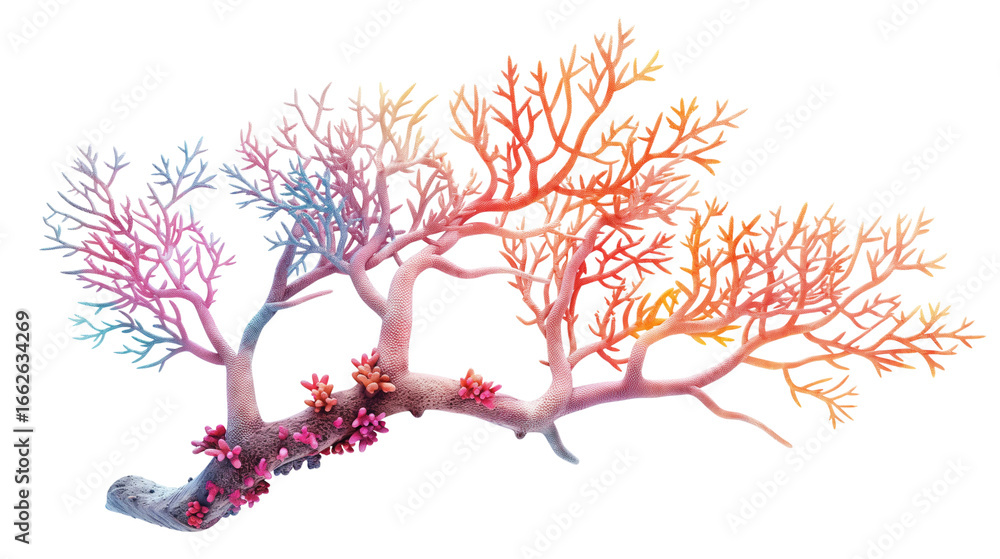Fototapeta premium transparent png, 3D render of vibrant coral branch in gradient orange, pink, and blue hues, detailed marine coral structure with natural textures. Isolated on transparent background, PNG.