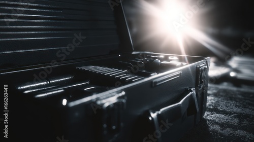 Obraz na płótnie Metal suitcase open, items inside, bright light source
