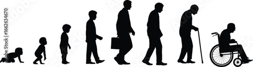 Human Evolution Silhouettes Showing Life Stages from Baby to Elderly, Depicting Growth, Development, Aging Process in Black and White