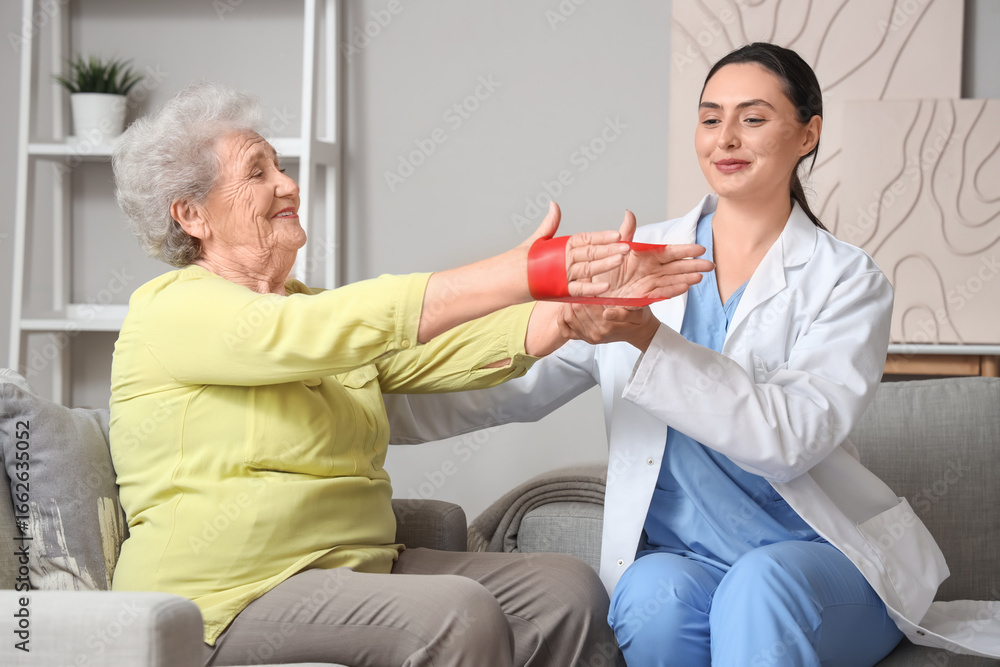 Obraz premium Senior woman with stretching band and physical therapist at home