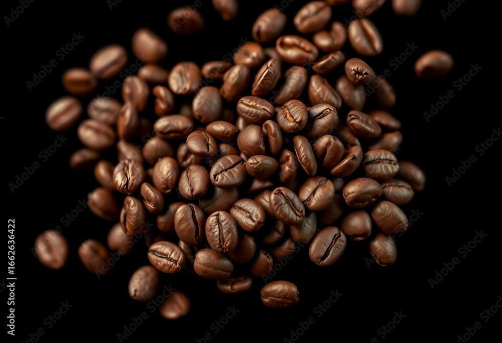 Fototapeta premium Close-up of roasted coffee beans mid-air against a black backdrop, showcasing rich brown textures, brown, macro