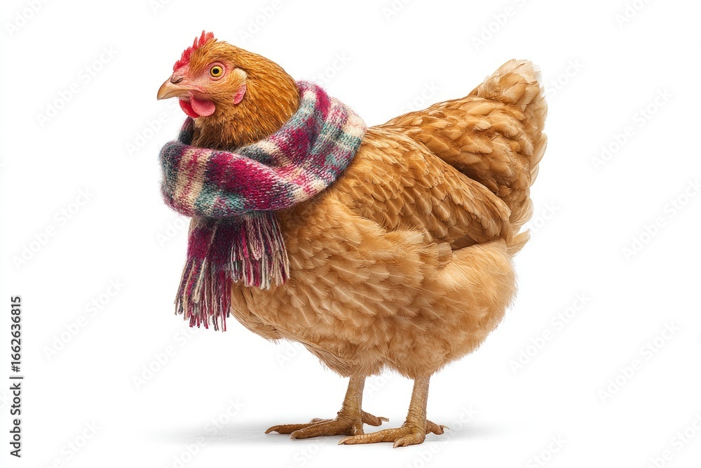 Fototapeta premium A brown chicken wearing a scarf stands against a white backdrop