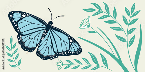Stylised blue butterfly illustration, vector artwork with clean green backdrop.