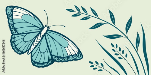 Stylised blue butterfly illustration, vector artwork with clean green backdrop.