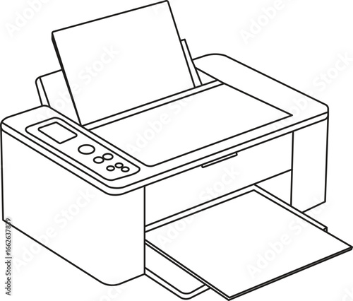 Line art illustration of a modern printer with paper input and output trays, isolated on white background.