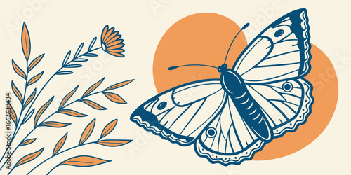 Stylised blue butterfly illustration, vector artwork with clean yellow backdrop.