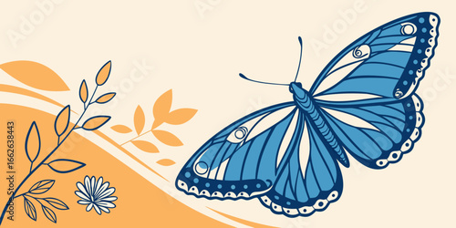 Stylised blue butterfly illustration, vector artwork with clean yellow backdrop.