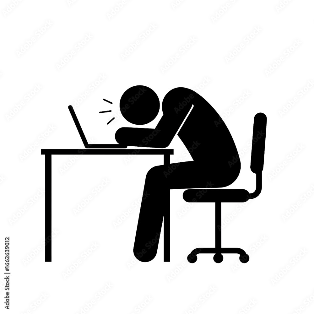 Tired person working at desk with laptop, burnout, stress, overworked, silhouette Tired person working at desk with laptop, burnout, stress, overworked, silhouette