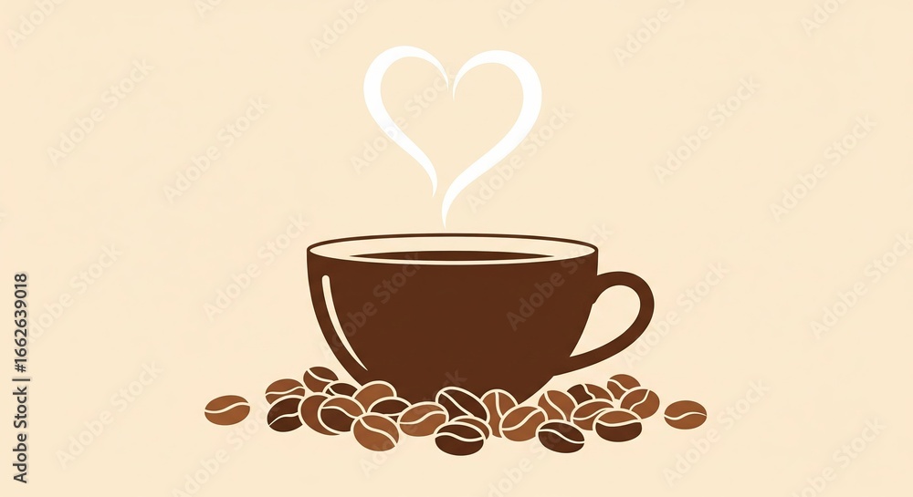 Obraz premium Warm Coffee Cup with Heart Steam and Coffee Beans on Beige Background