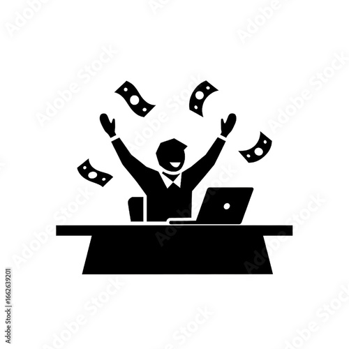 Successful businessman throwing money in the air at his desk icon symbol