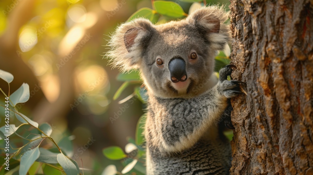 Obraz premium Close up of a koala clinging to a tree in the forest light