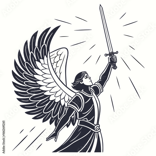 A single warrior angel with a shining sword, isolated on a clean background.