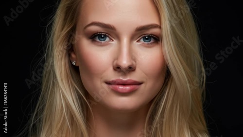 Wallpaper Mural Close up portrait of a blonde woman with blue eyes against a dark background with a soft smile Torontodigital.ca