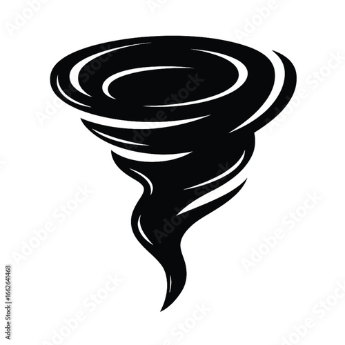 Black and white illustration of a swirling tornado, depicting a powerful weather event.