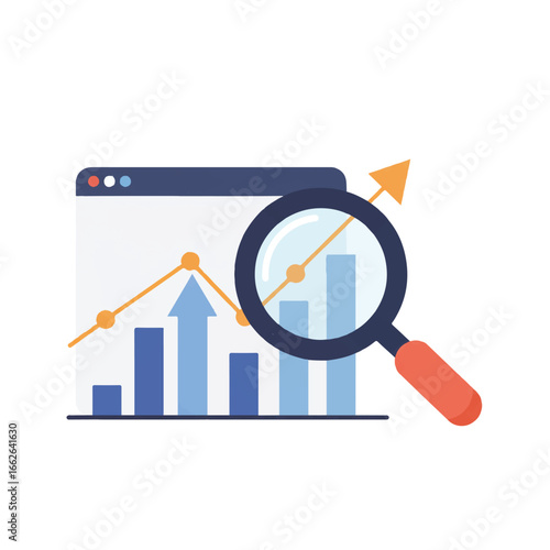 SEO optimization is the focus of this minimalist 2D flat vector illustration, showing a magnifying glass over an ascending line graph with ranking arrows, on a white background.