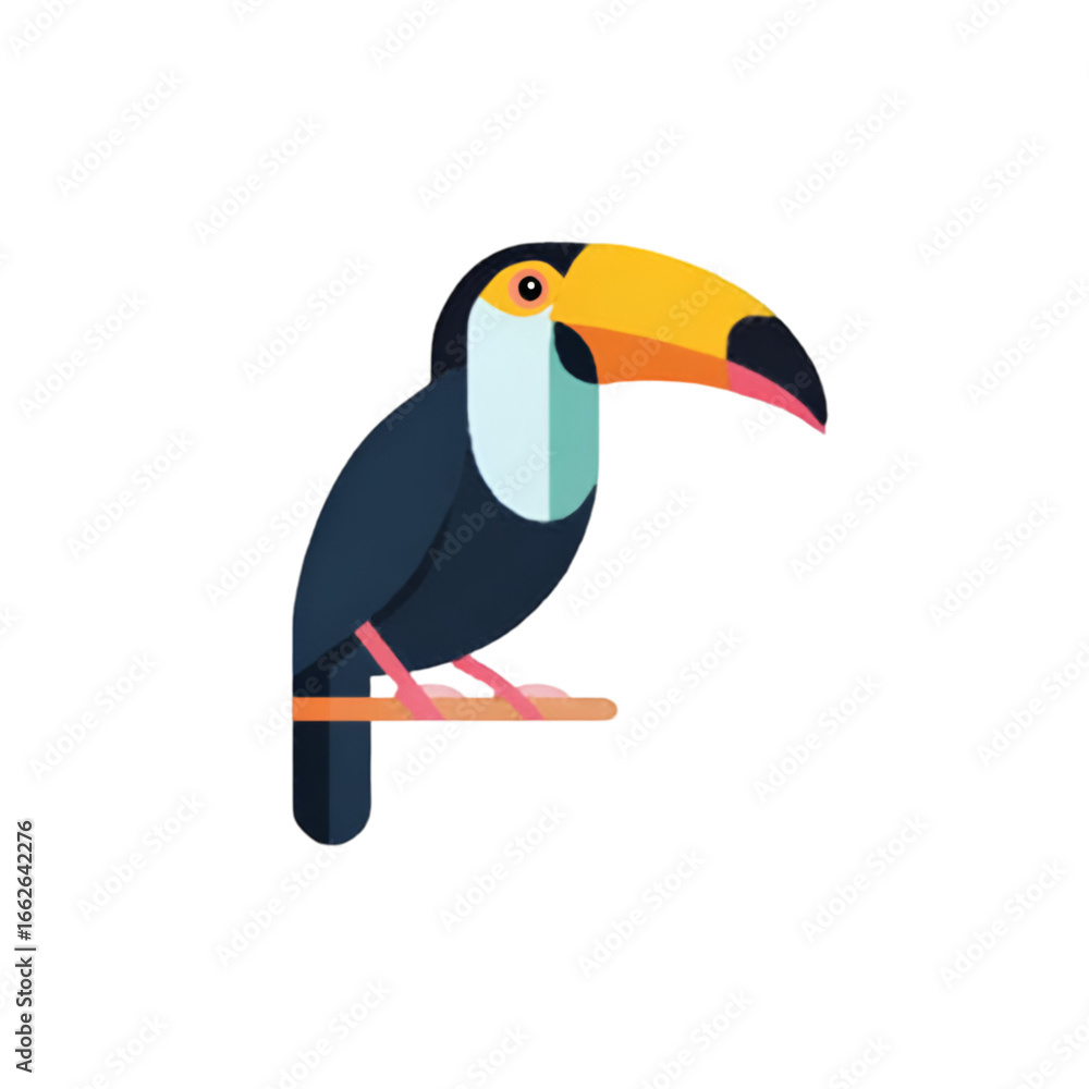 Naklejka premium A vibrant and colorful toucan sitting gracefully on a branch, showcasing its iconic beak and eye-catching plumage in a tropical environment.
