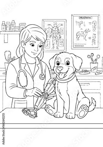 A kind veterinarian examining a dog with a bionic prosthetic leg in a modern veterinary clinic coloring page.