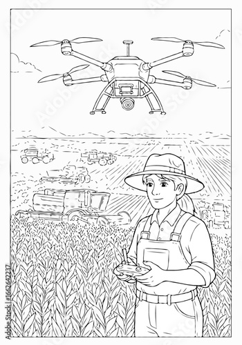 A modern farmer using a drone to survey her field with a combine harvester in the background coloring page.
