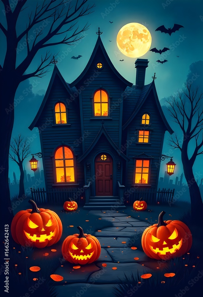 Fototapeta premium Spooky Halloween night with glowing pumpkins in front of haunted house under the moonlight with bats flying in the night sky