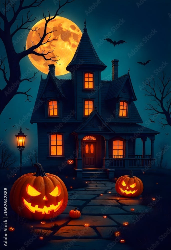 Fototapeta premium Eerie Halloween night scene with haunted house and spooky pumpkins bathed in the glow of a full moon ready for trick-or-treating fun
