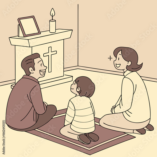 Family Kneeling in Prayer at Home Altar