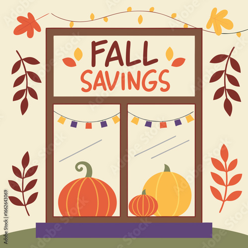 Fall Savings Shop Window Display with Pumpkins and Autumn Leaves