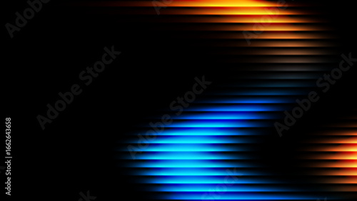 Stylish Abstract fractal glass gradient background featuring glowing blue and orange neon horizontal lines with a ripple glass texture effect. Ribbed glass background.