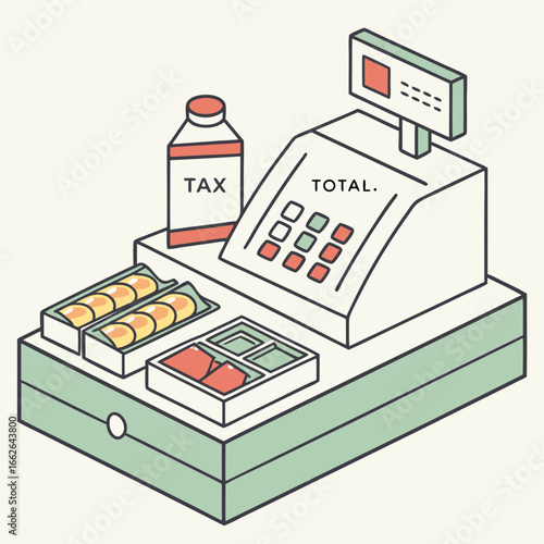 Isometric Illustration of a Cash Register with Groceries