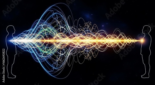 Abstract illustration of human communication through electromagnetic waves, futuristic science and energy field interaction concept
