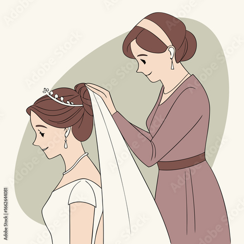 Mother Assisting Bride with Wedding Veil in Pastel Tones
