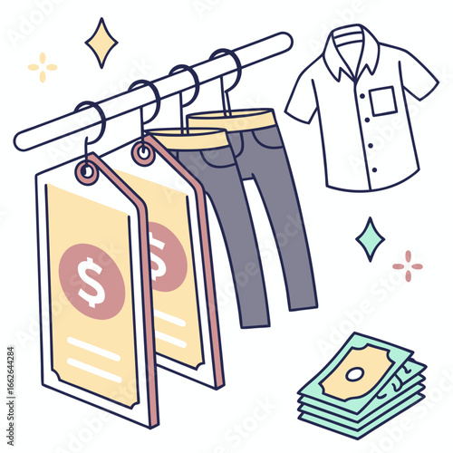 Pastel Illustration of Clothing Sale with Price Tags and Cash