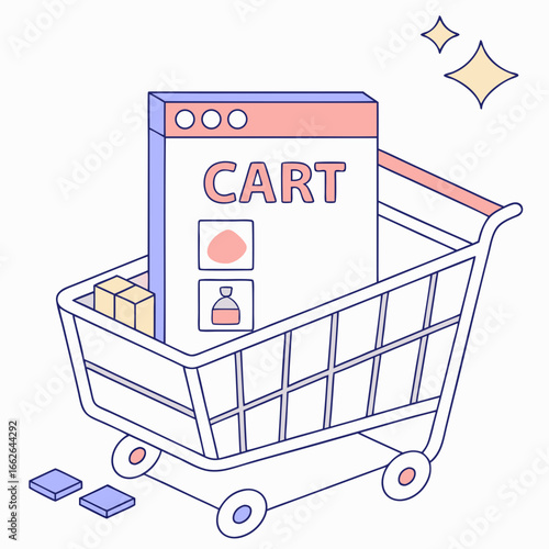 Pastel Shopping Cart with Online Cart Interface Illustration