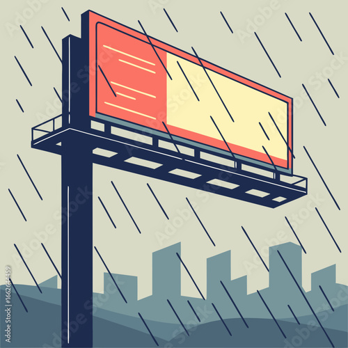 Red And Yellow Billboard In Rain Over Cityscape
