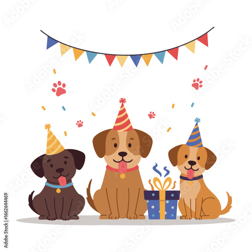 Three adorable dogs wearing party hats celebrating a birthday, with a gift