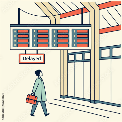 Traveler Waiting for Delayed Train at Modern Train Station