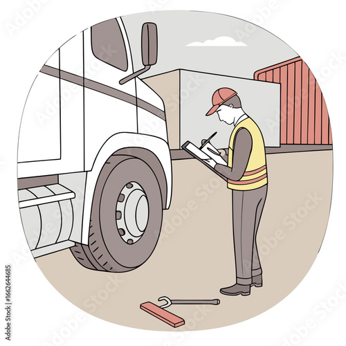 Truck Driver Performing Safety Inspection Checklist