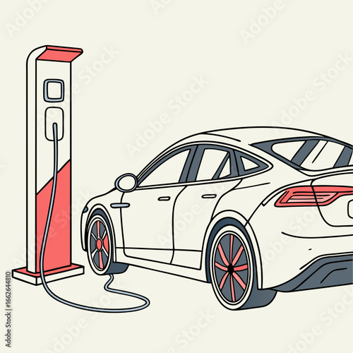White Electric Car Charging at a Red and White Station