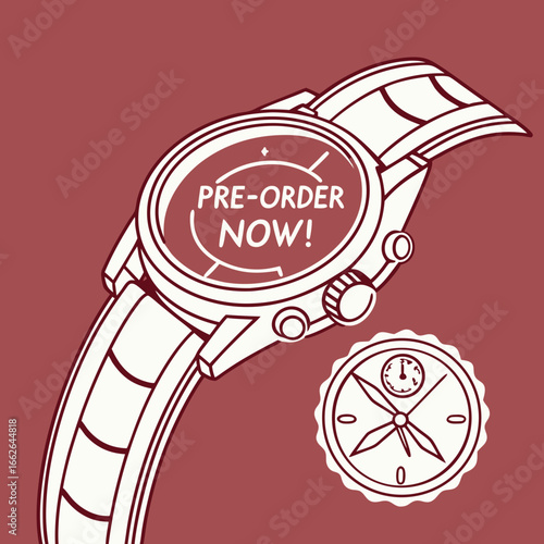 White Line Art Wristwatch Pre Order Illustration on Red Background