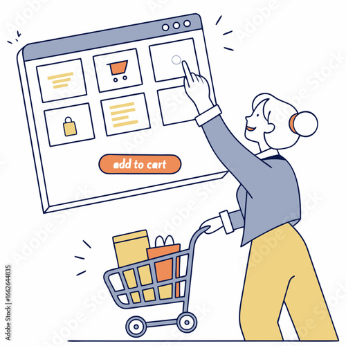 Woman Adding Items to Online Shopping Cart Illustration