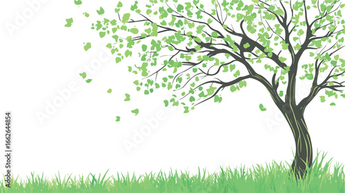 A solitary tree with green leaves scattered by a gentle breeze in a grassy field