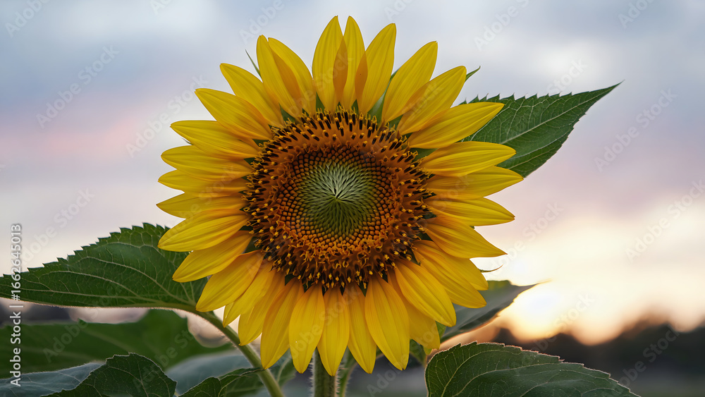 Obraz premium Beautiful Sunflower Bloom Under a Gentle Evening Sky