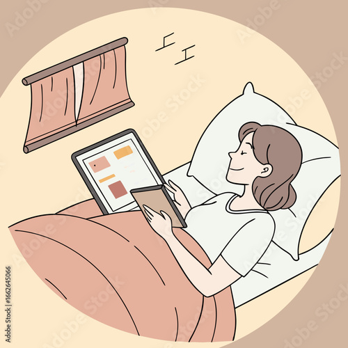 Woman Relaxing in Bed with Tablet and Color Swatches