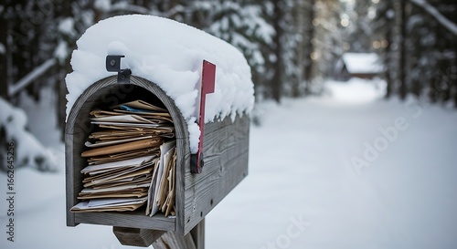 A traditional wooden mailbox, laden with mail and deeply covered in fresh, pristine snow, stands resiliently along a tranquil, winter-white country road.