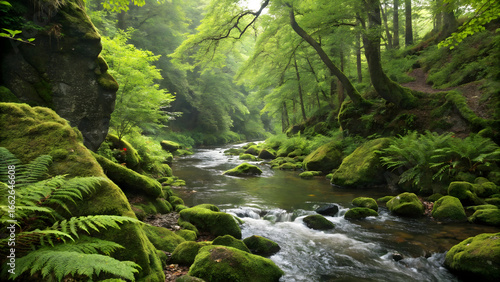 Lush green forest river flowing over moss covered rocks and ferns full hd 4k stock image download stream