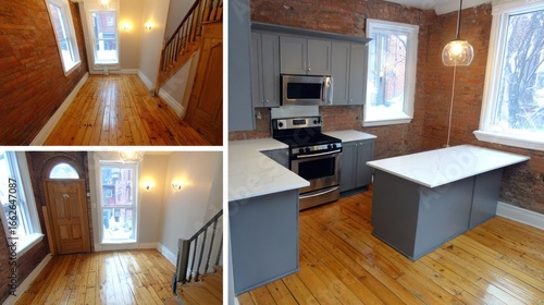 Wallpaper Mural Interior renovation showcasing a kitchen, entryway and living room with exposed brick and wood floors Torontodigital.ca