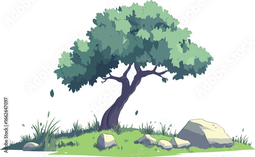 Stylized illustration of a solitary green tree with a rocky outcrop on a grassy hill