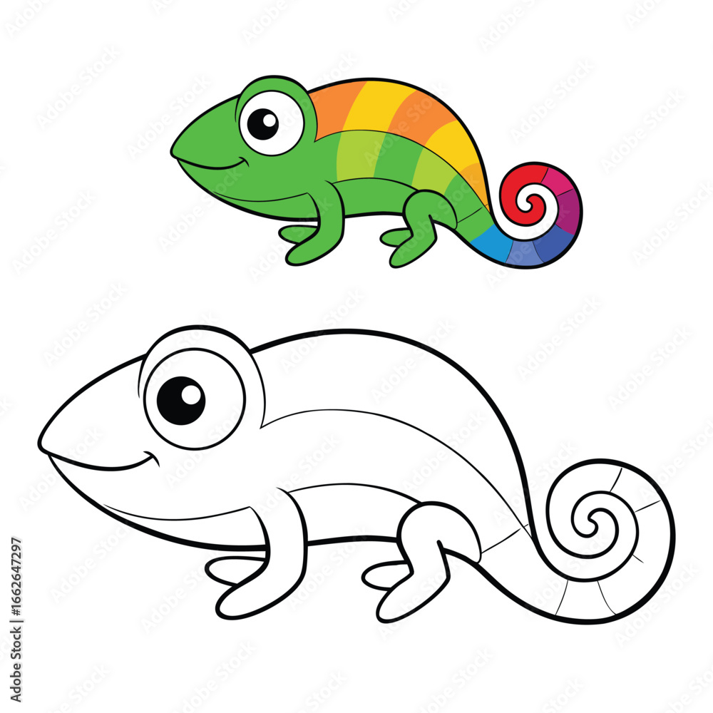 Fototapeta premium A fun chameleon coloring page featuring a detailed, whimsical lizard ready to show off its colors. Perfect for kids and adults to explore creativity and patterns. 